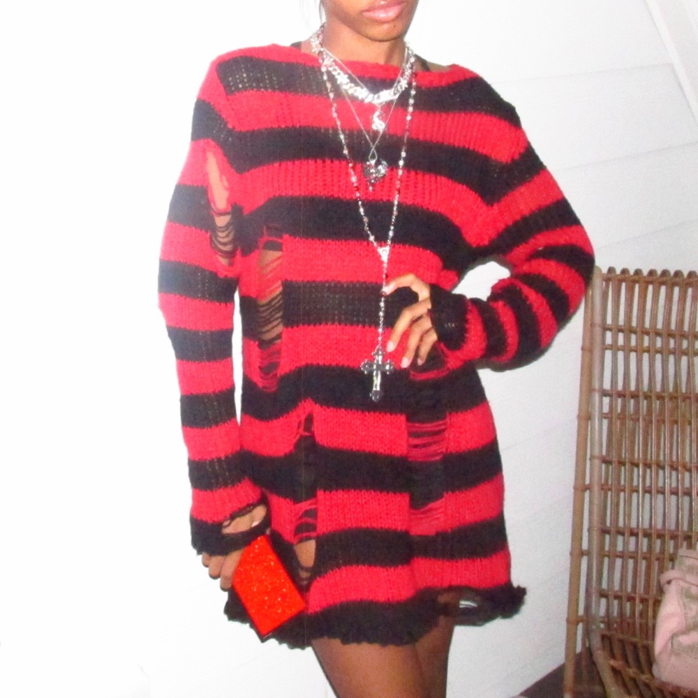Red and black striped long sleeve sweater midi dress with ripped details